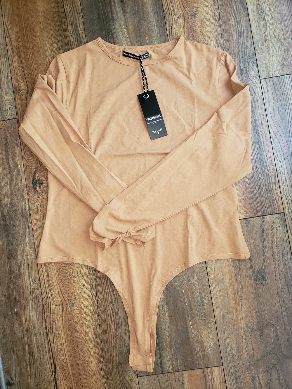 THREADBARE Long Sleeve Thong Bodysuit in Tan/nude